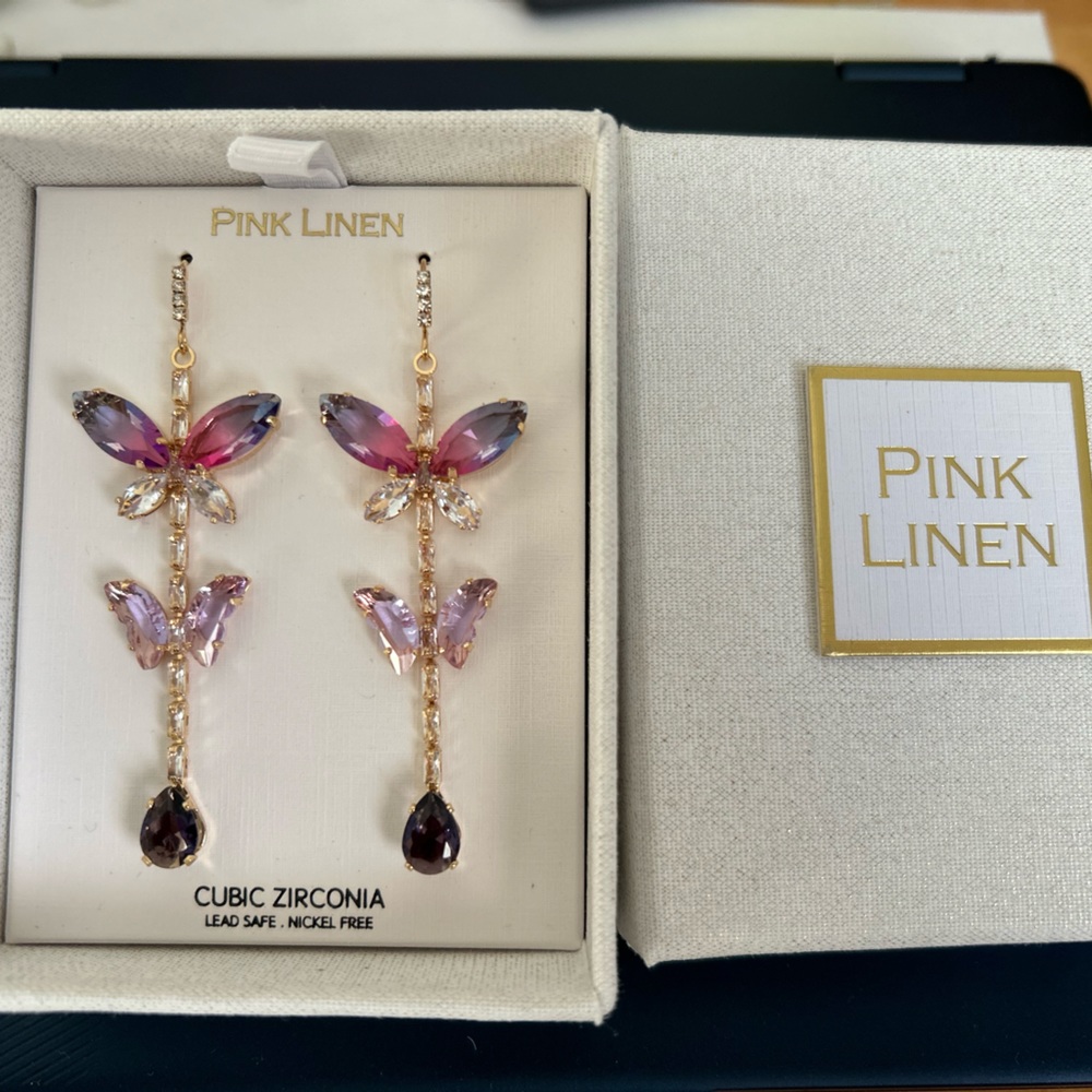 Pink linen earrings butterflies new
